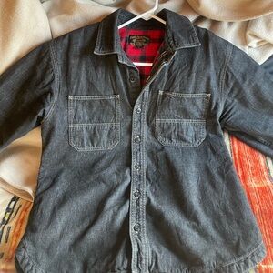 Real denim shirt jacket, plaid inner lining by Folsom